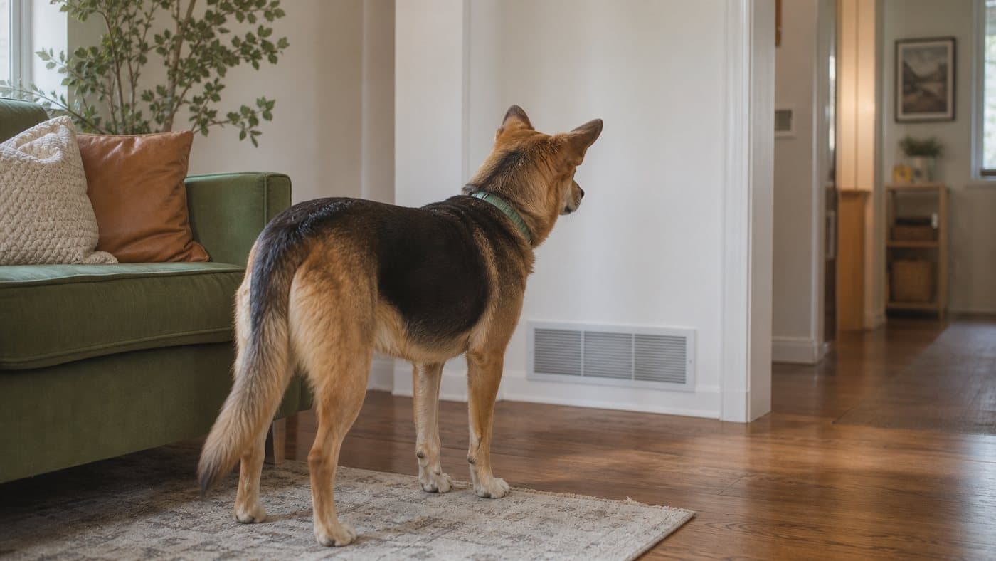 Dog standing in a quiet living room and looking toward a hallway