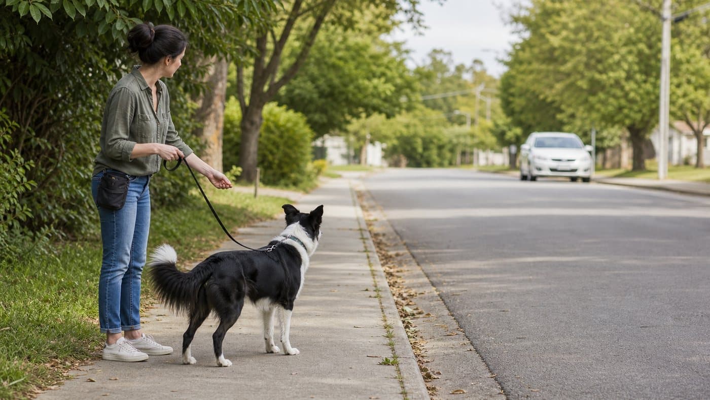 Dog on a loose leash near a quiet street while the owner rewards attention