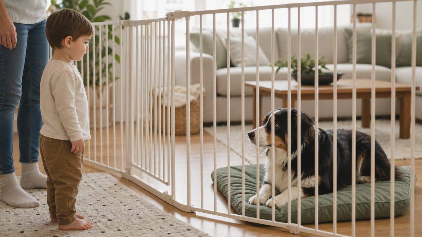 Child and dog separated by a baby gate in a calm living room