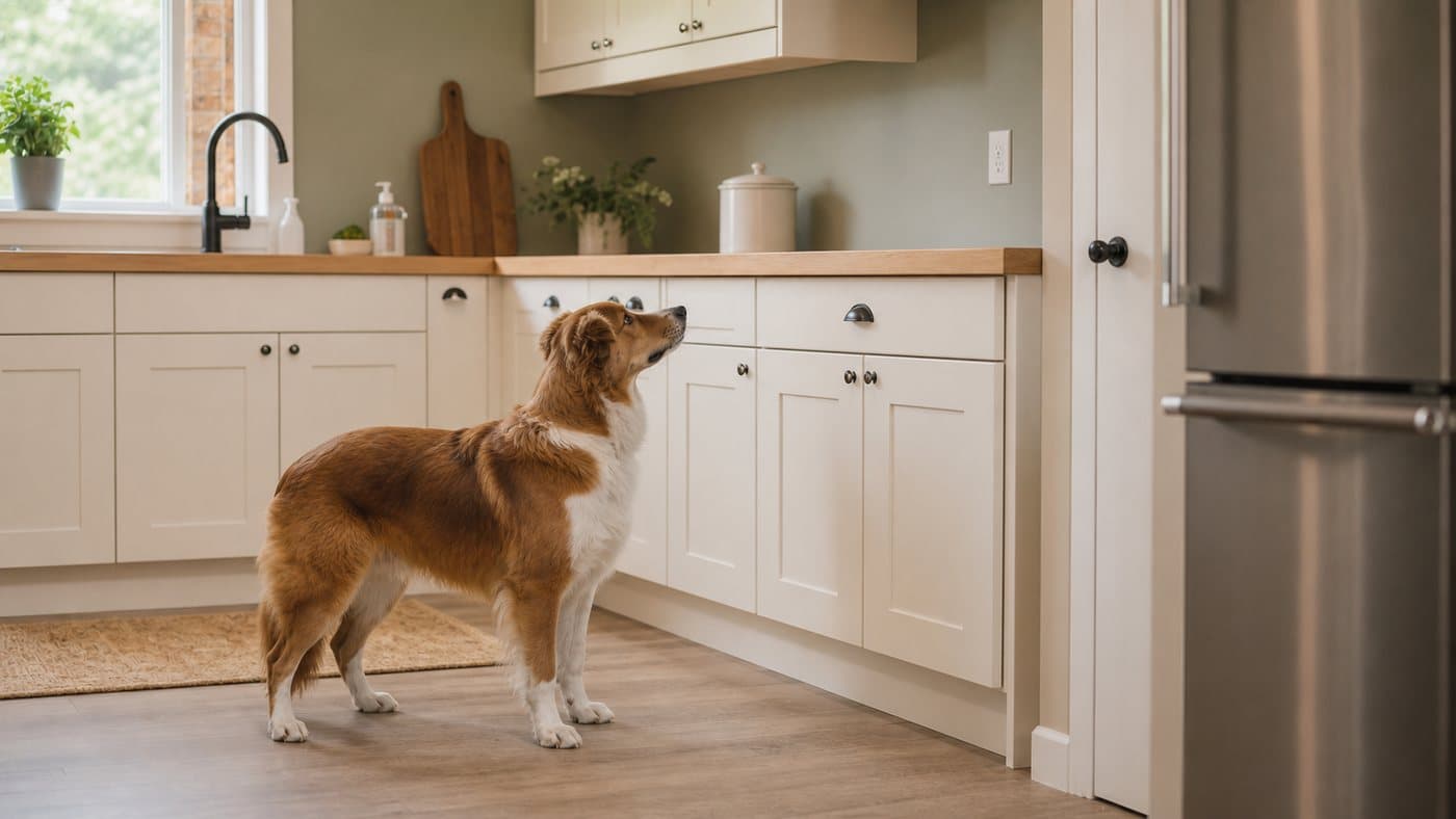 Dog standing on a kitchen floor and looking toward a cleared counter
