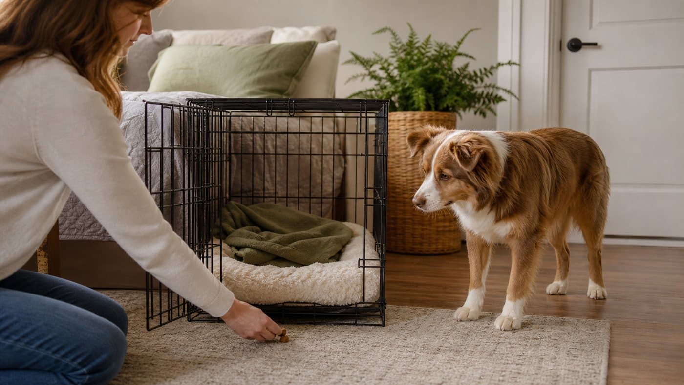 Dog standing outside an open crate while a person places treats near the entrance
