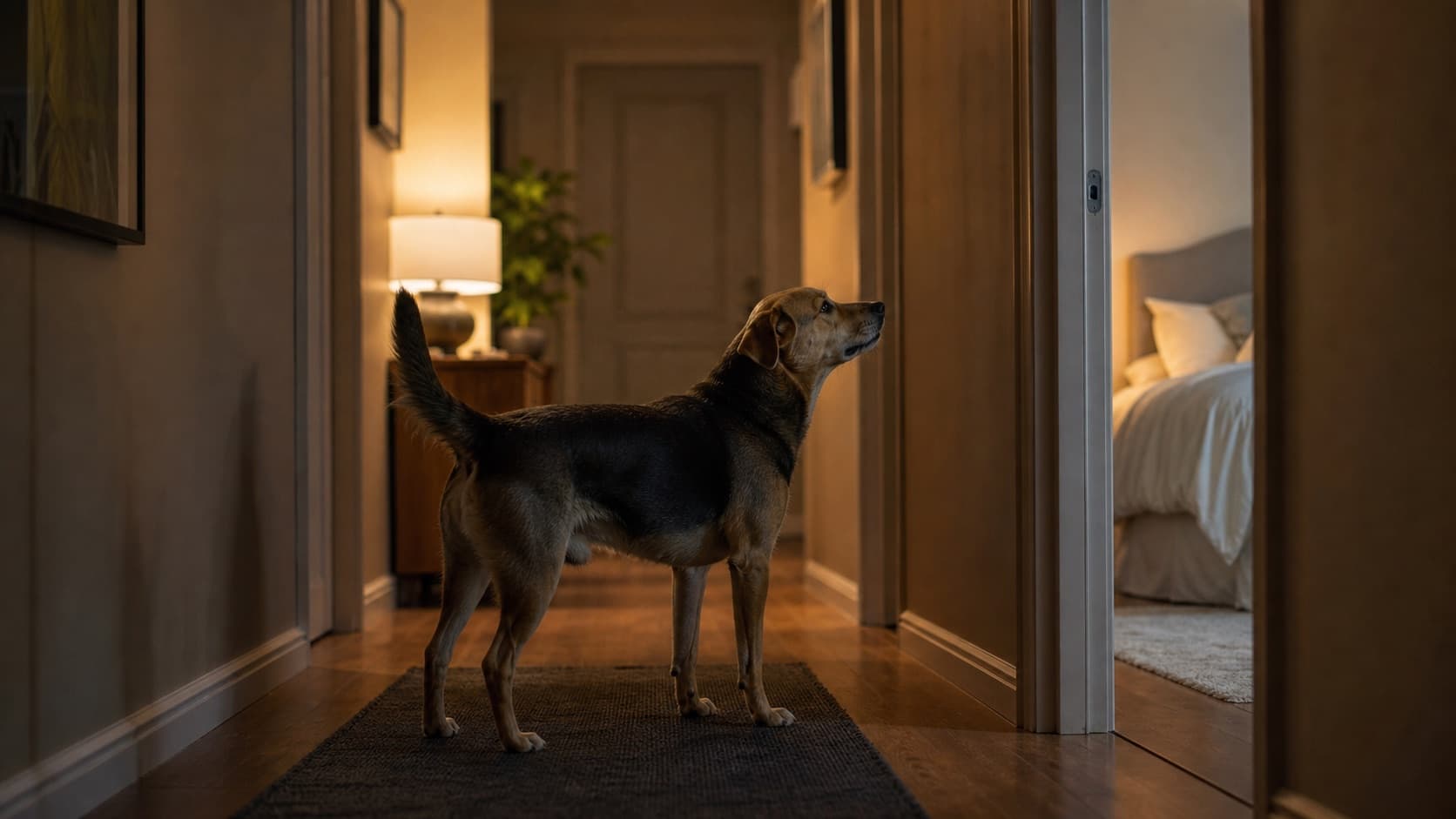 Dog standing alert in a dim hallway at night