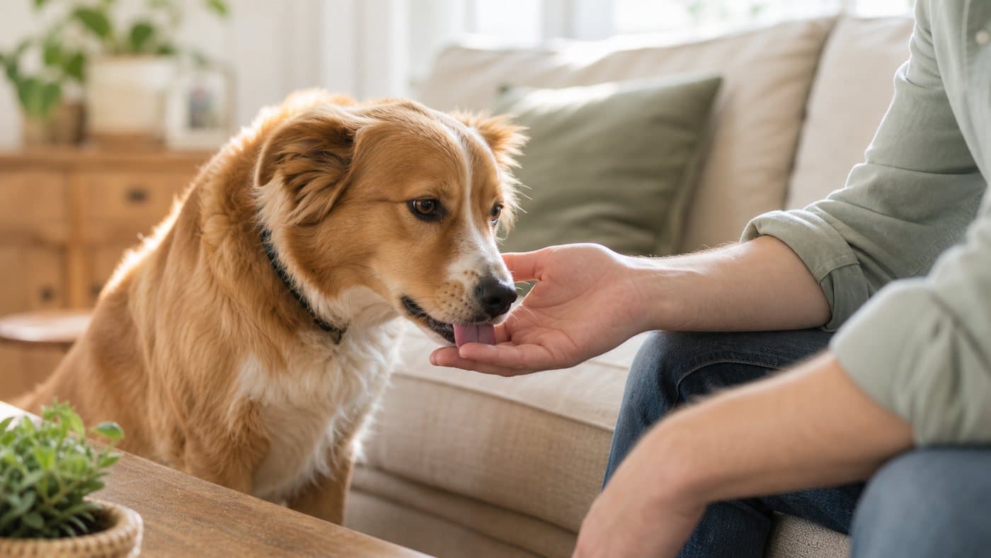 Dog gently licking an adult hand during a calm pause