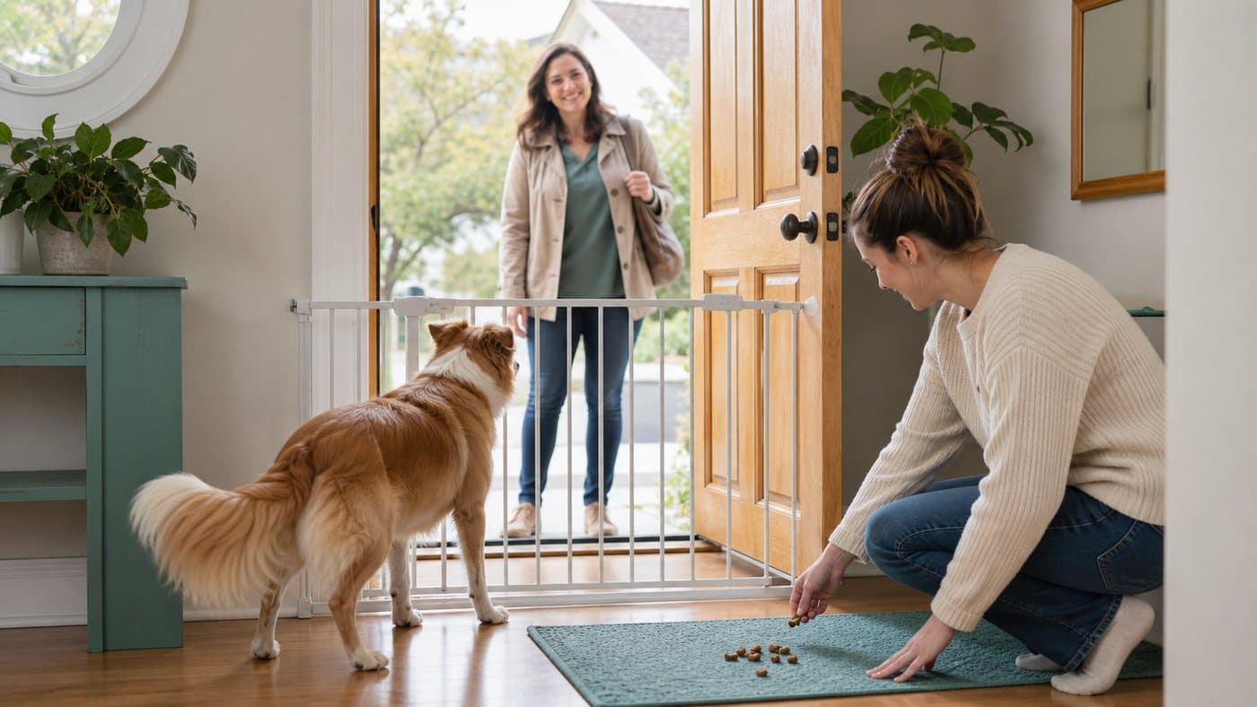 Dog behind a baby gate while an owner scatters treats on a mat near the front door