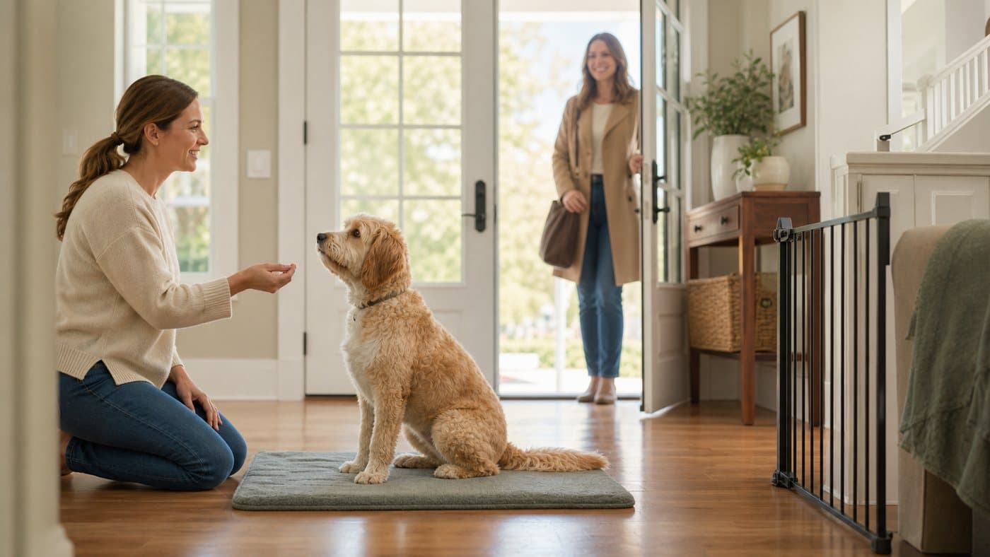 Dog on a mat while a guest enters and the owner rewards calm behavior