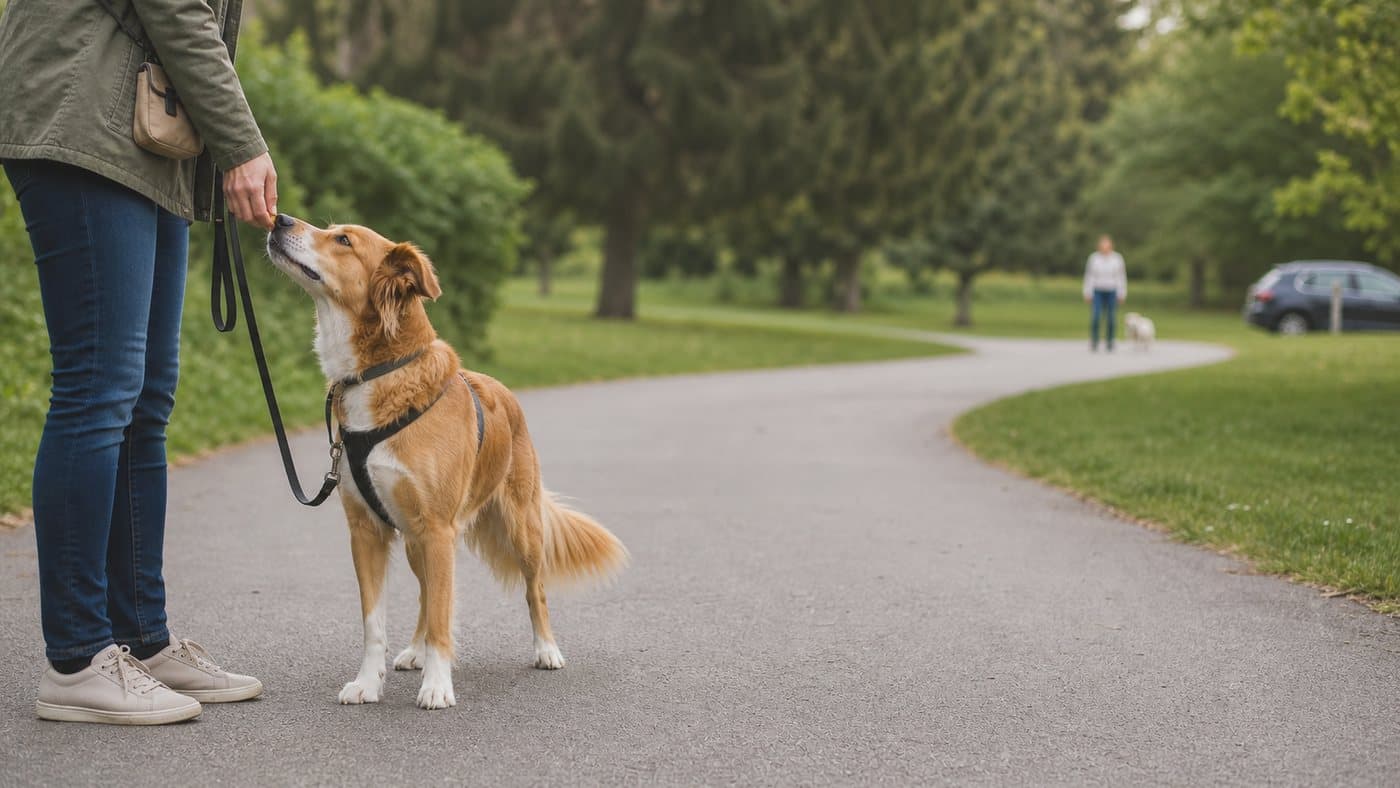 Dog taking food from an owner on a park path while another dog is distant