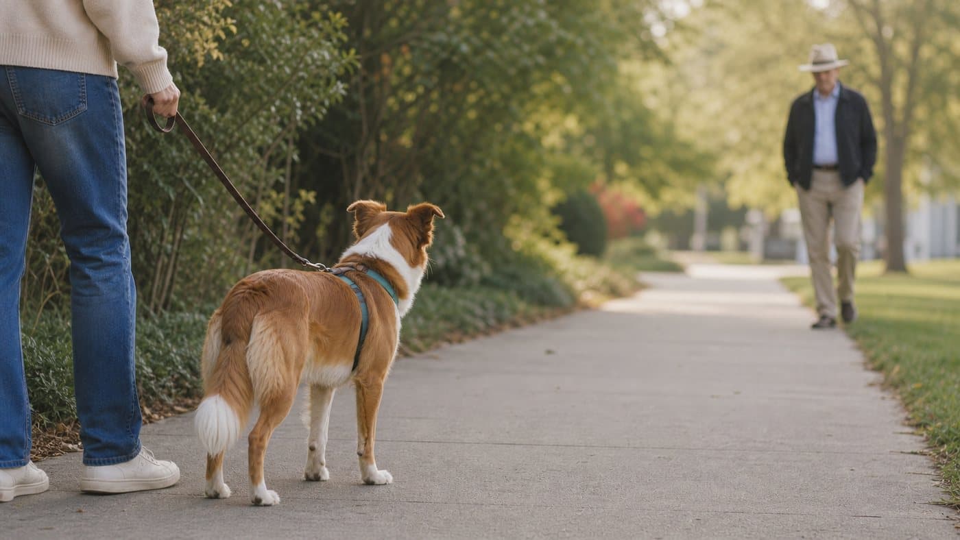 Dog on a loose leash looking toward a person in a hat from a safe distance