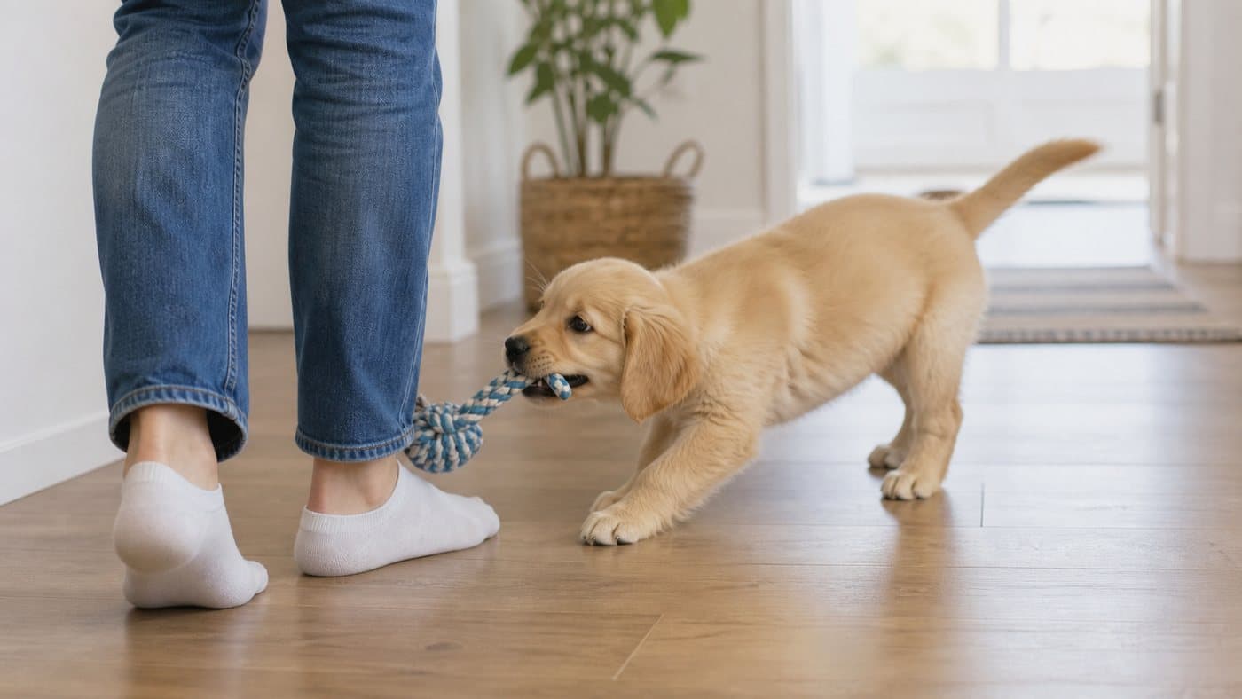 Puppy chasing a soft toy near a person's ankle instead of biting clothing
