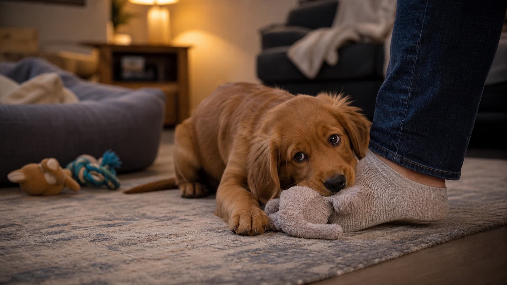 Tired puppy mouthing a soft toy near a person's ankle in a living room