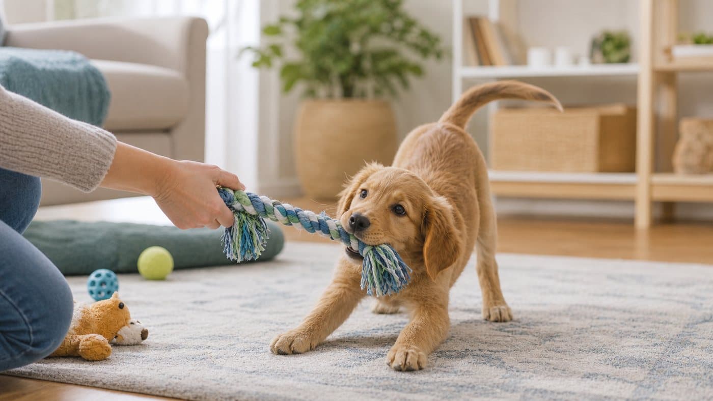 Puppy chewing a rope toy held low by an adult hand in a living room