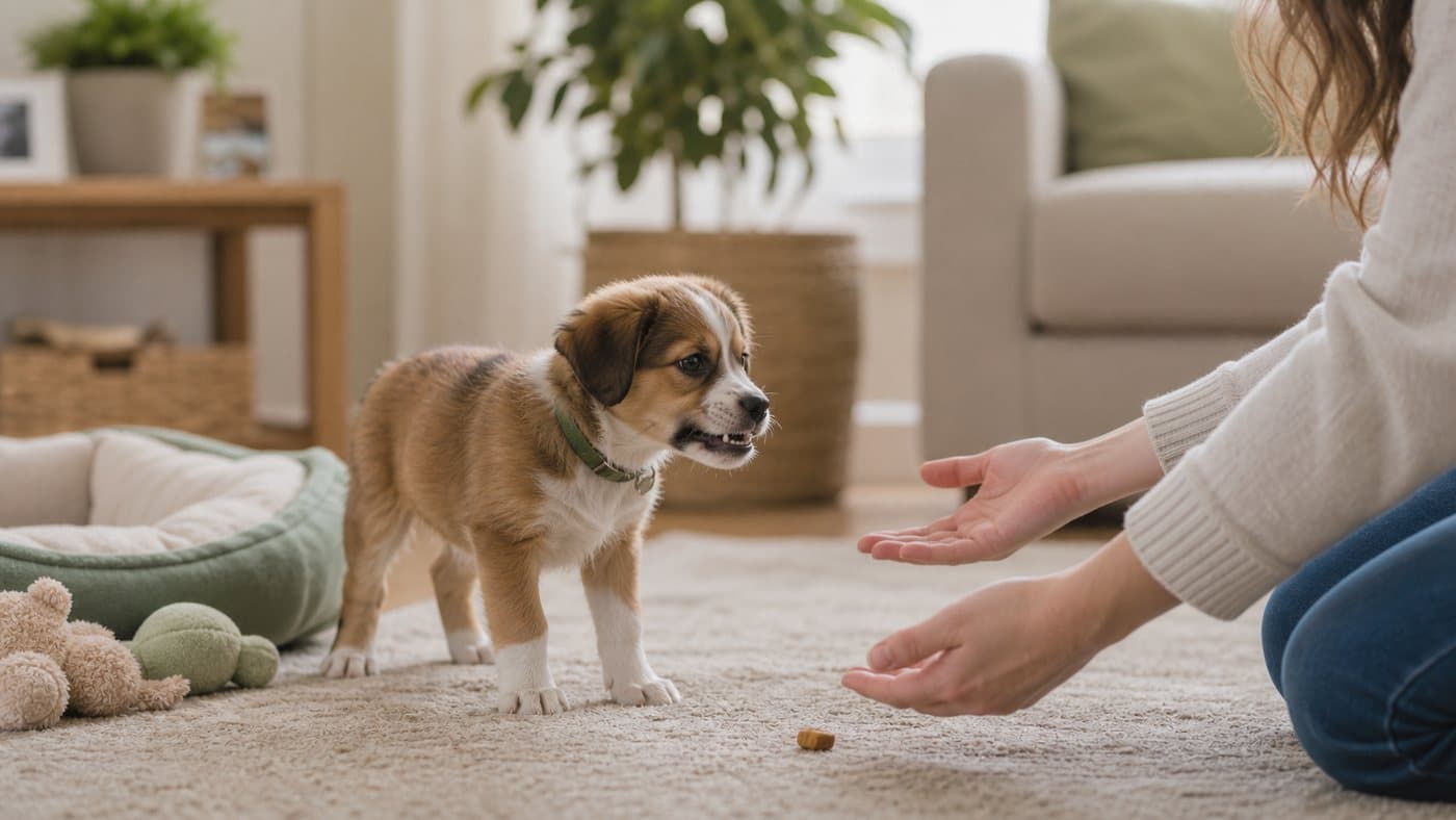 Puppy approaching open adult hands on the floor with treats nearby