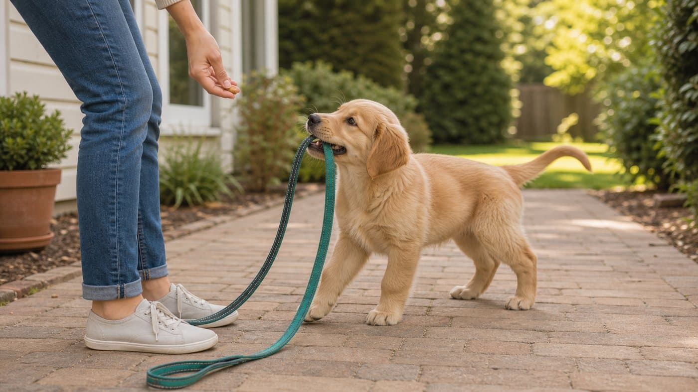 Puppy near an owner's feet with a leash and treat before a walk