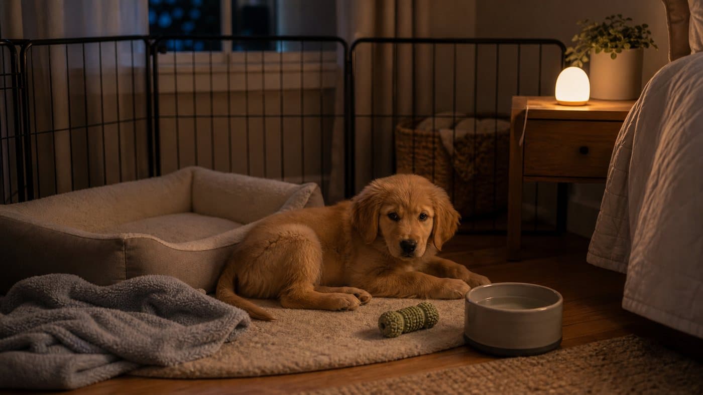 Sleepy puppy resting near a bed, chew toy, and water bowl under a soft nightlight