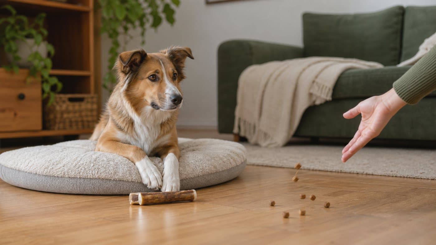 Dog lying near a chew while treats are tossed from a safe distance