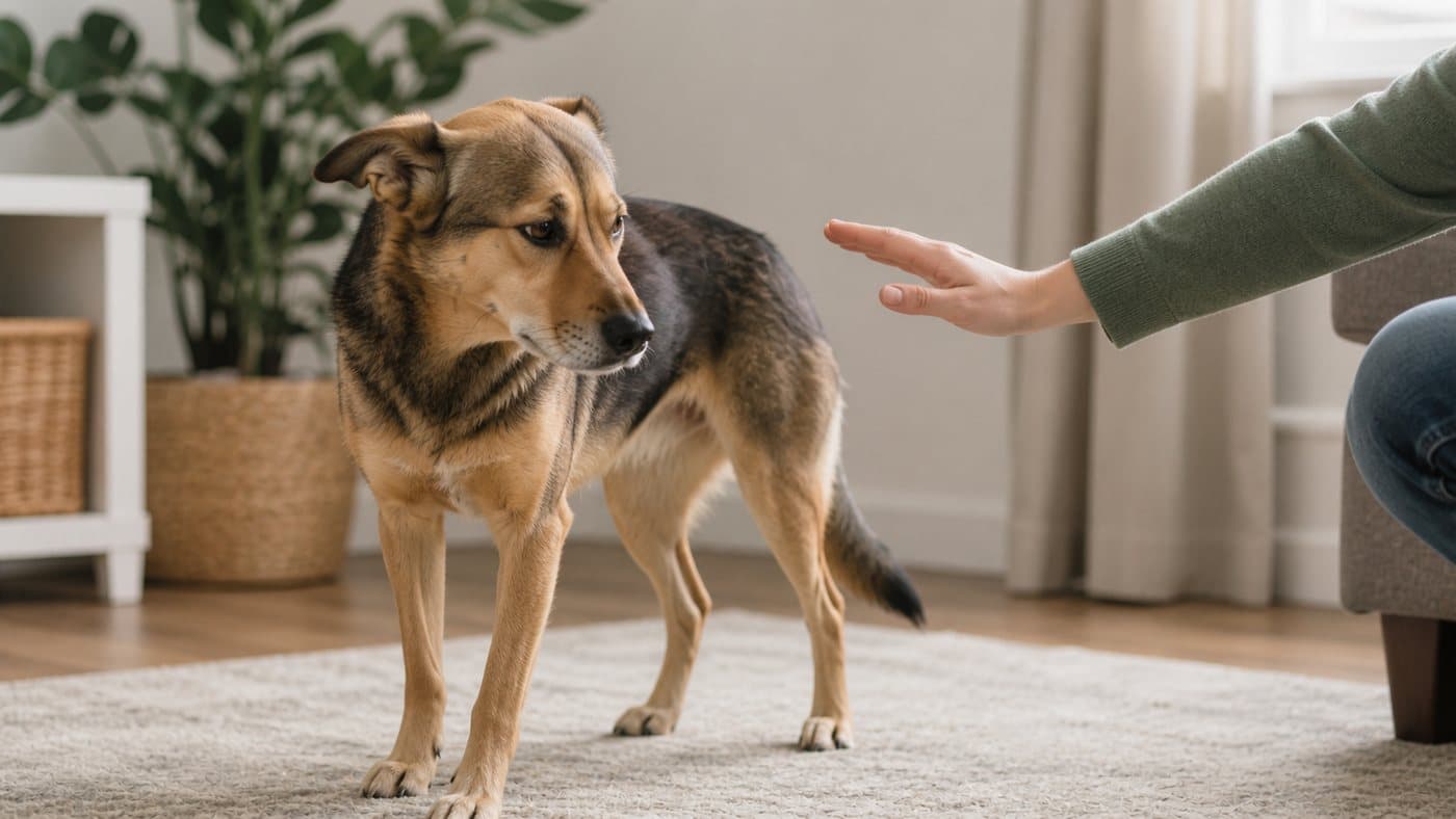 Dog turning its head away from an approaching hand in a calm living room