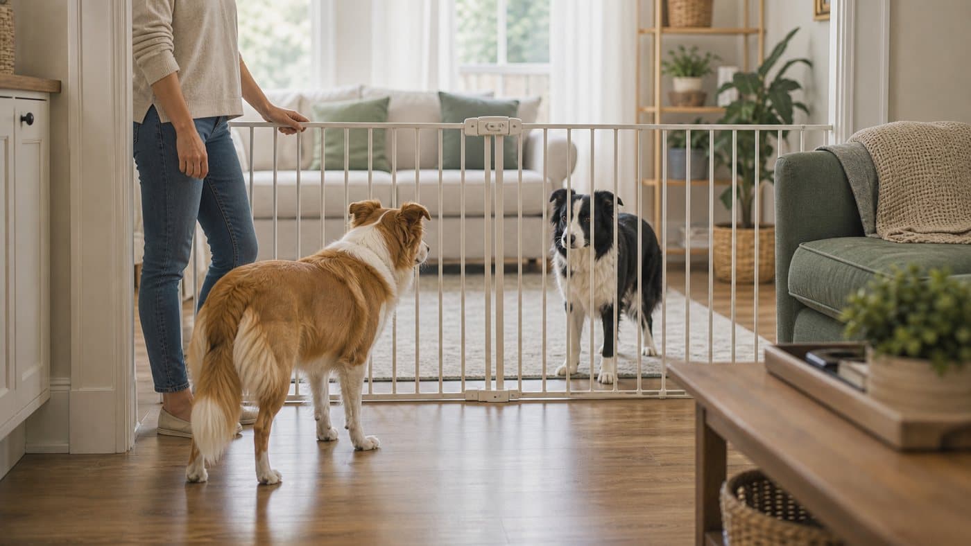 Two household dogs calmly separated by a baby gate in a living room