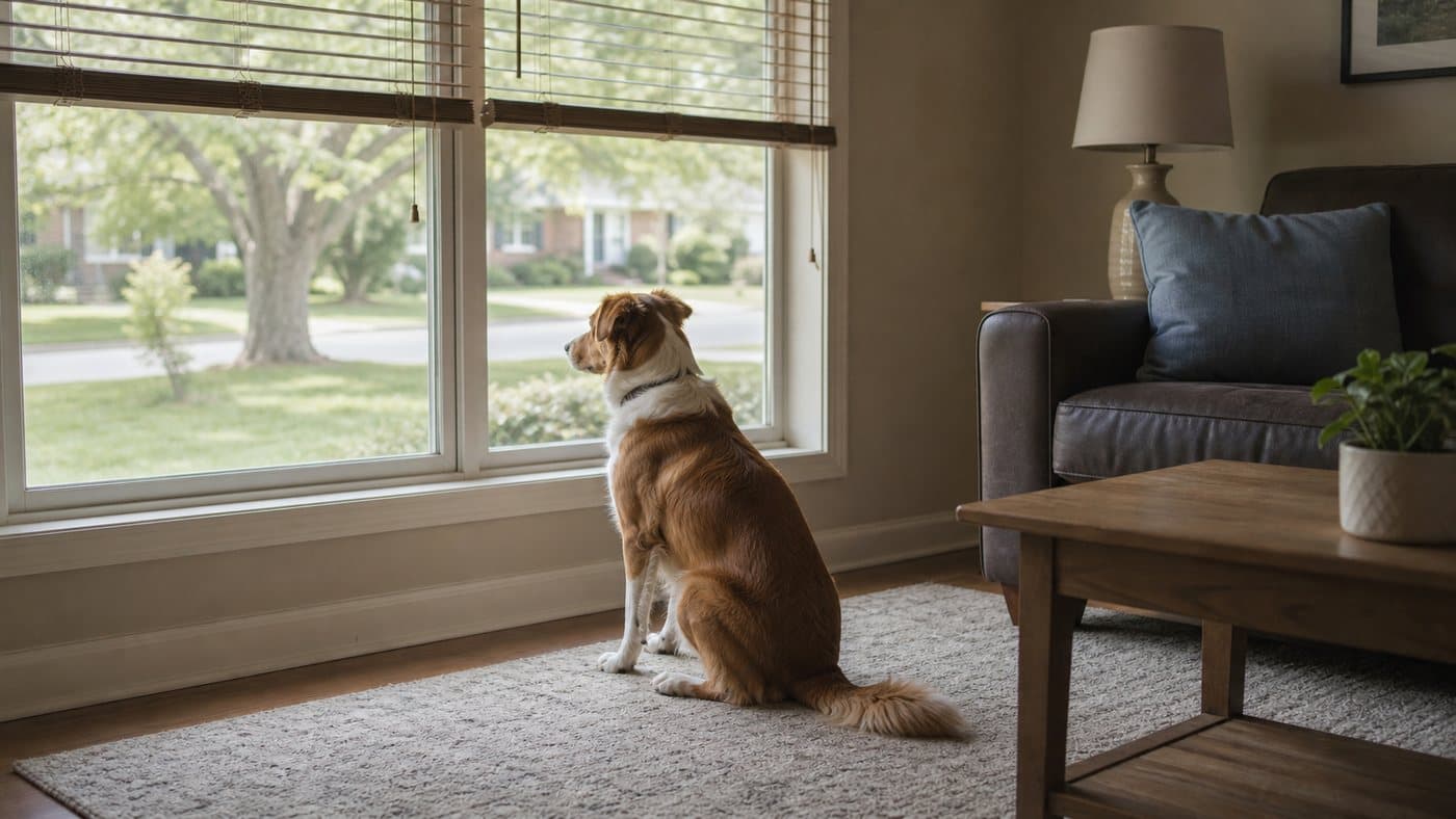 Dog sitting a few feet back from a large window and looking outside