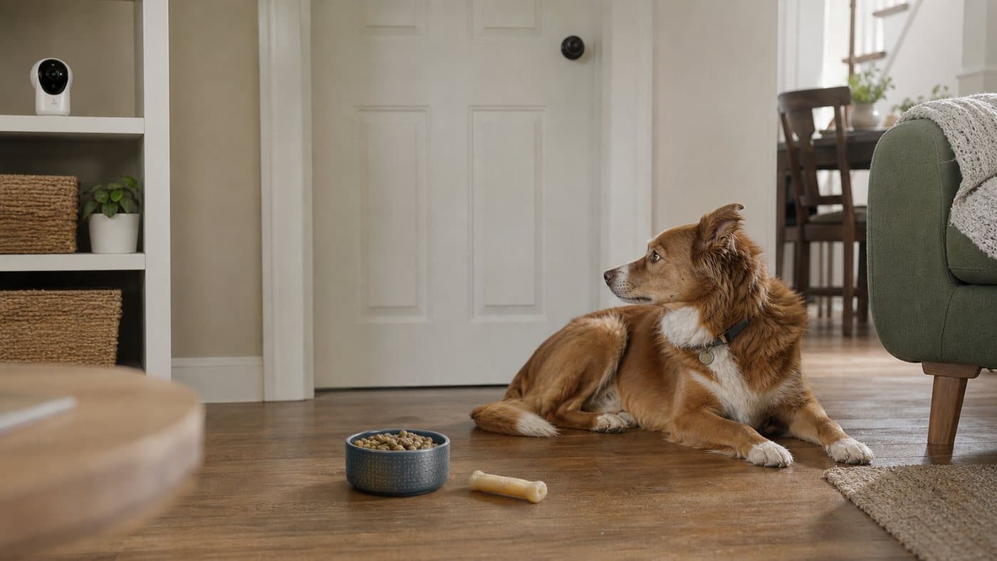Dog lying near an untouched bowl and chew while watching a front door