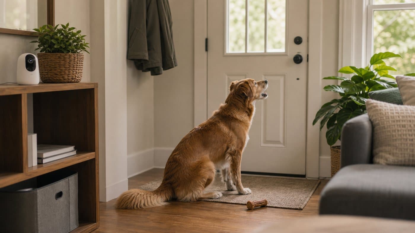 Dog sitting near a closed front door with a pet camera on a shelf
