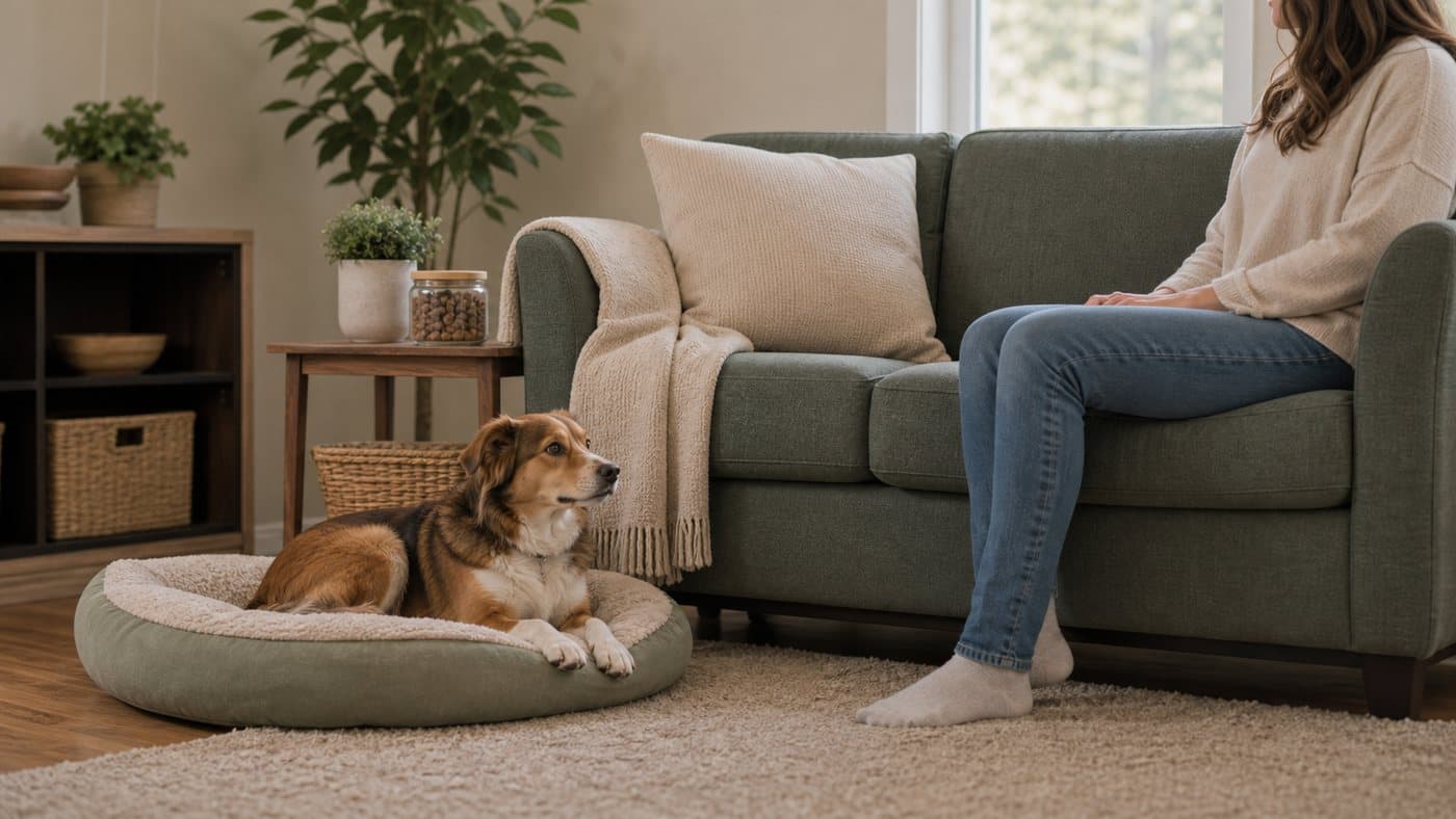 Dog resting on a bed near a sofa while a person gives space