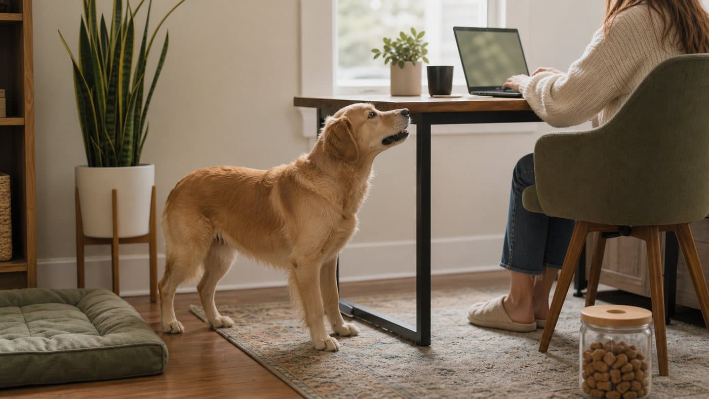 Dog near a person working at a desk with a mat nearby