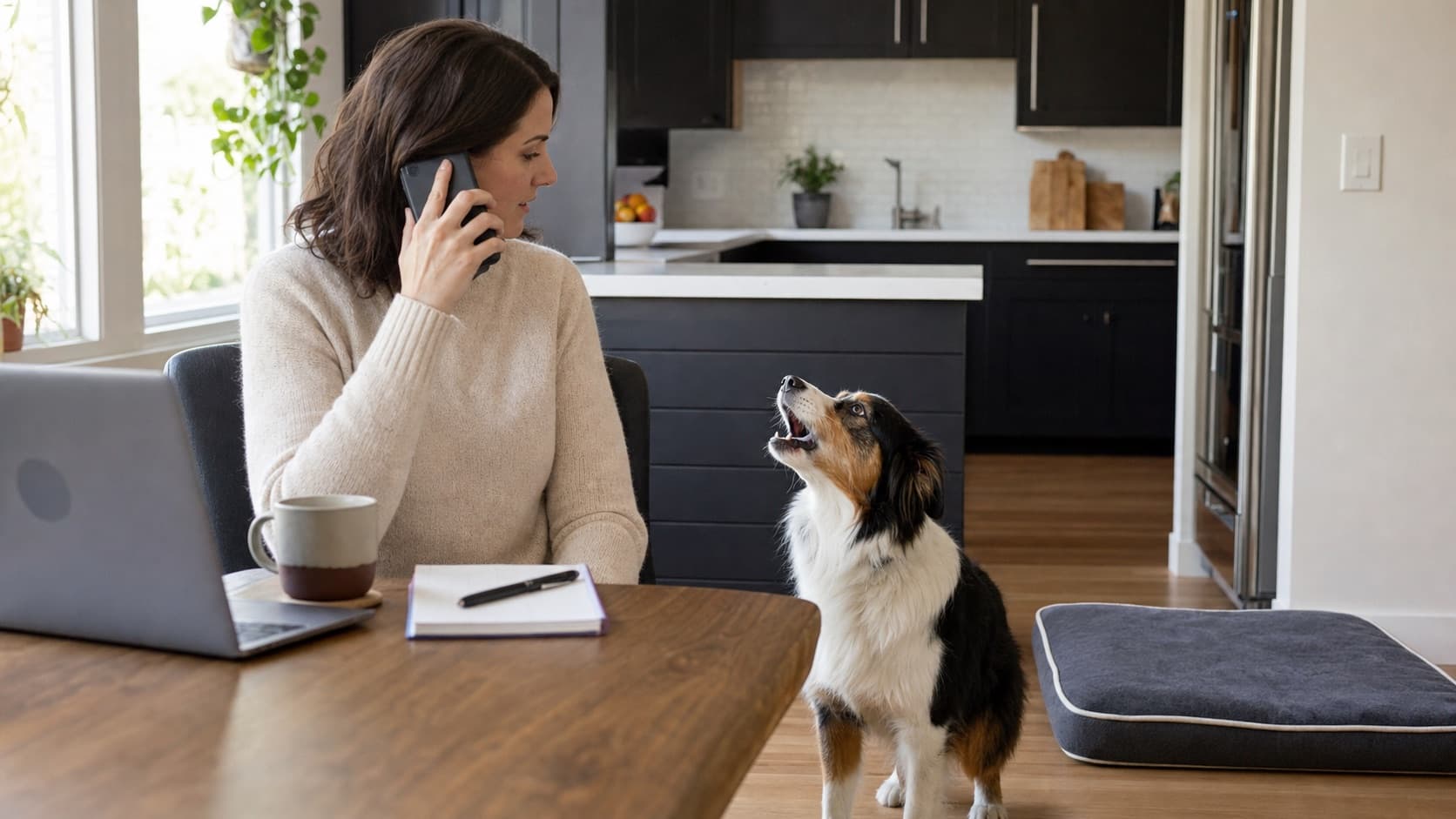 Dog barking near a person talking on the phone with a mat nearby