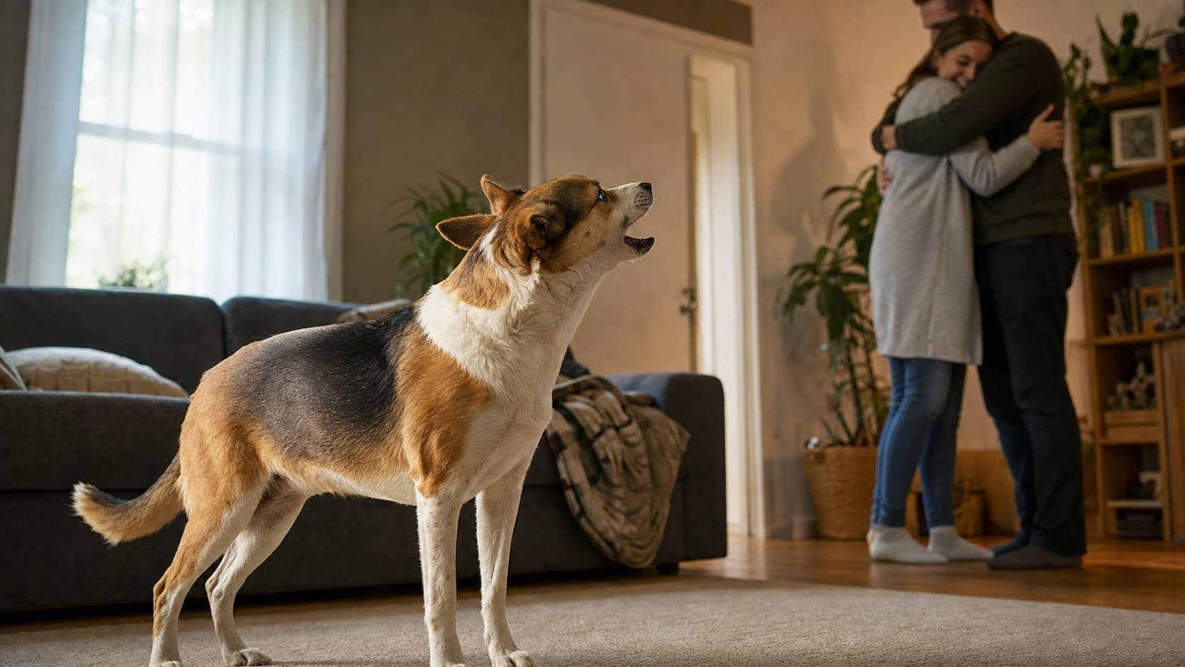 Dog barking while two adults hug in a living room