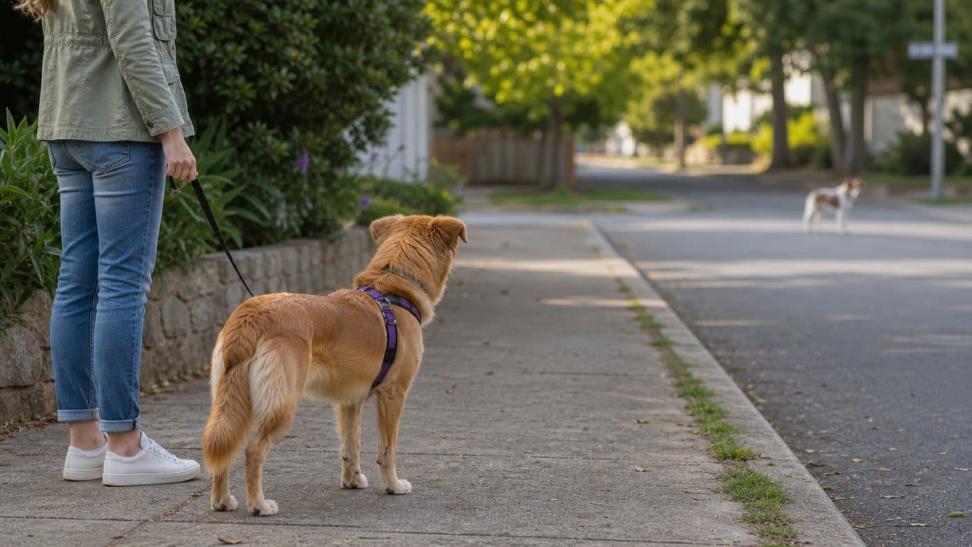 Dog paused on a sidewalk while another dog is far away across the street