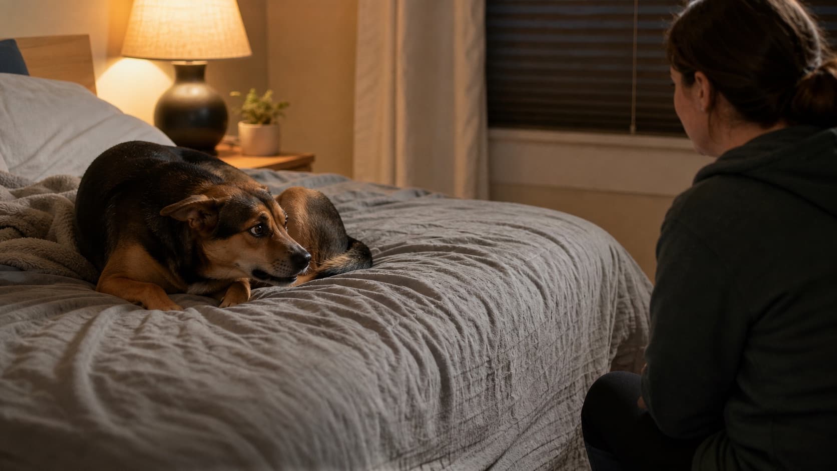 Dog resting on a bed while an adult gives space nearby