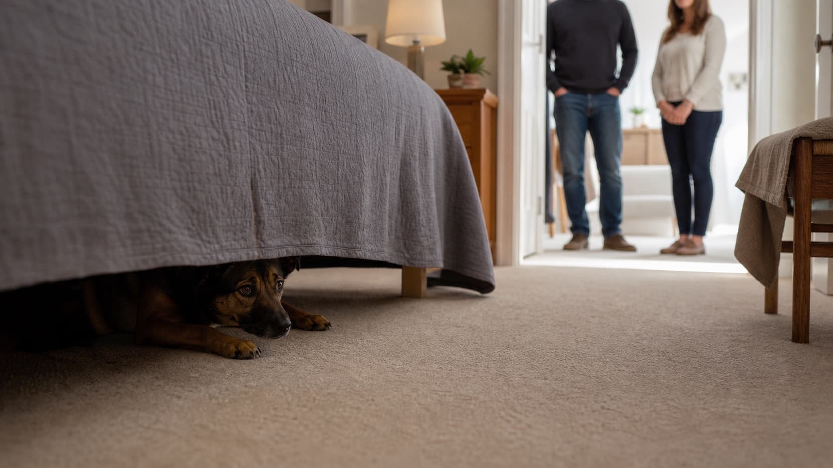 Dog hiding under a bed while guests remain at a respectful distance