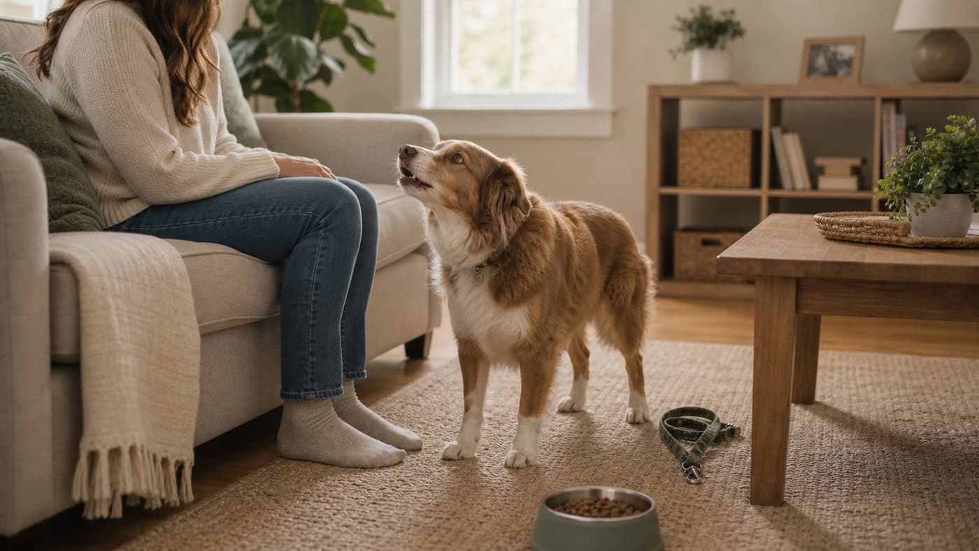 Dog standing near a seated owner with a leash and bowl nearby