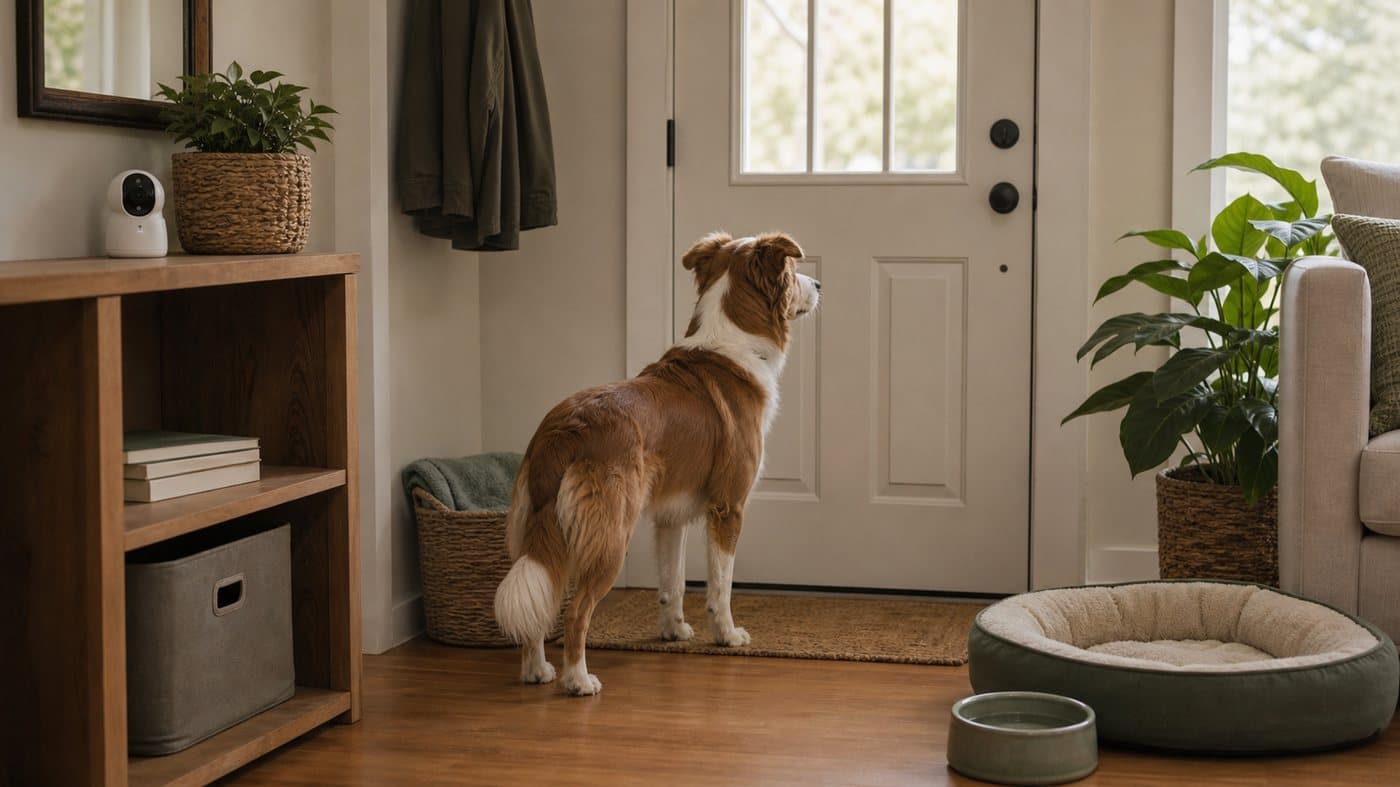 Dog standing near a closed front door in a calm entryway