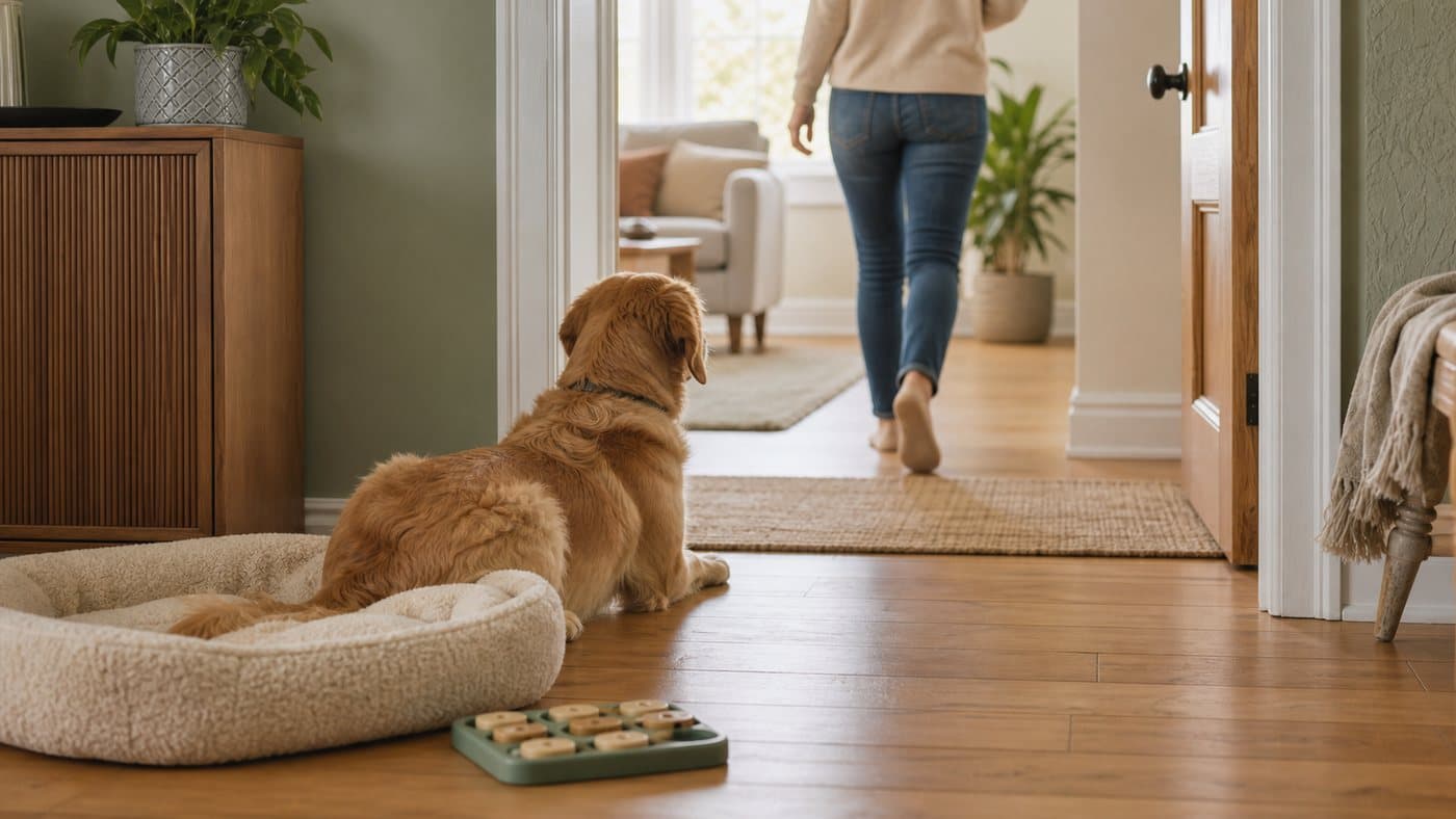 Dog watching an owner walk into another room while a chew rests near the dog bed