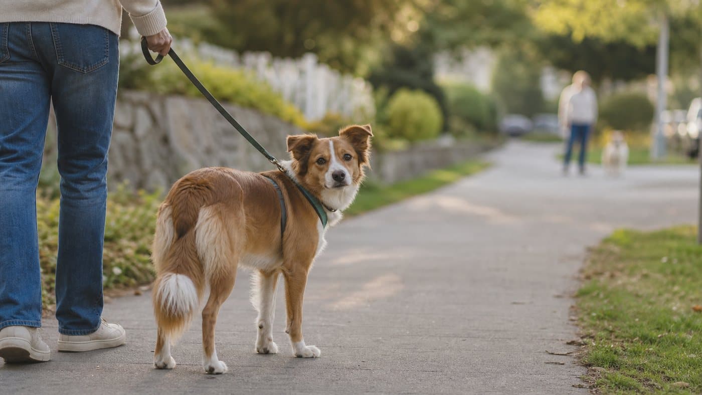 Dog on a loose leash looking back at the owner while another dog is far away