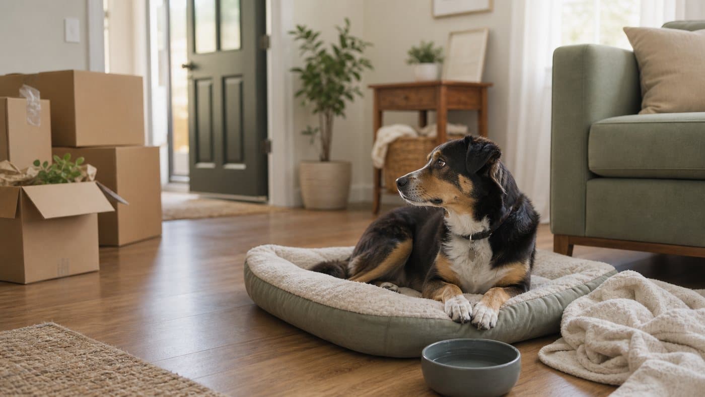 Newly adopted dog resting on a bed near moving boxes in a living room