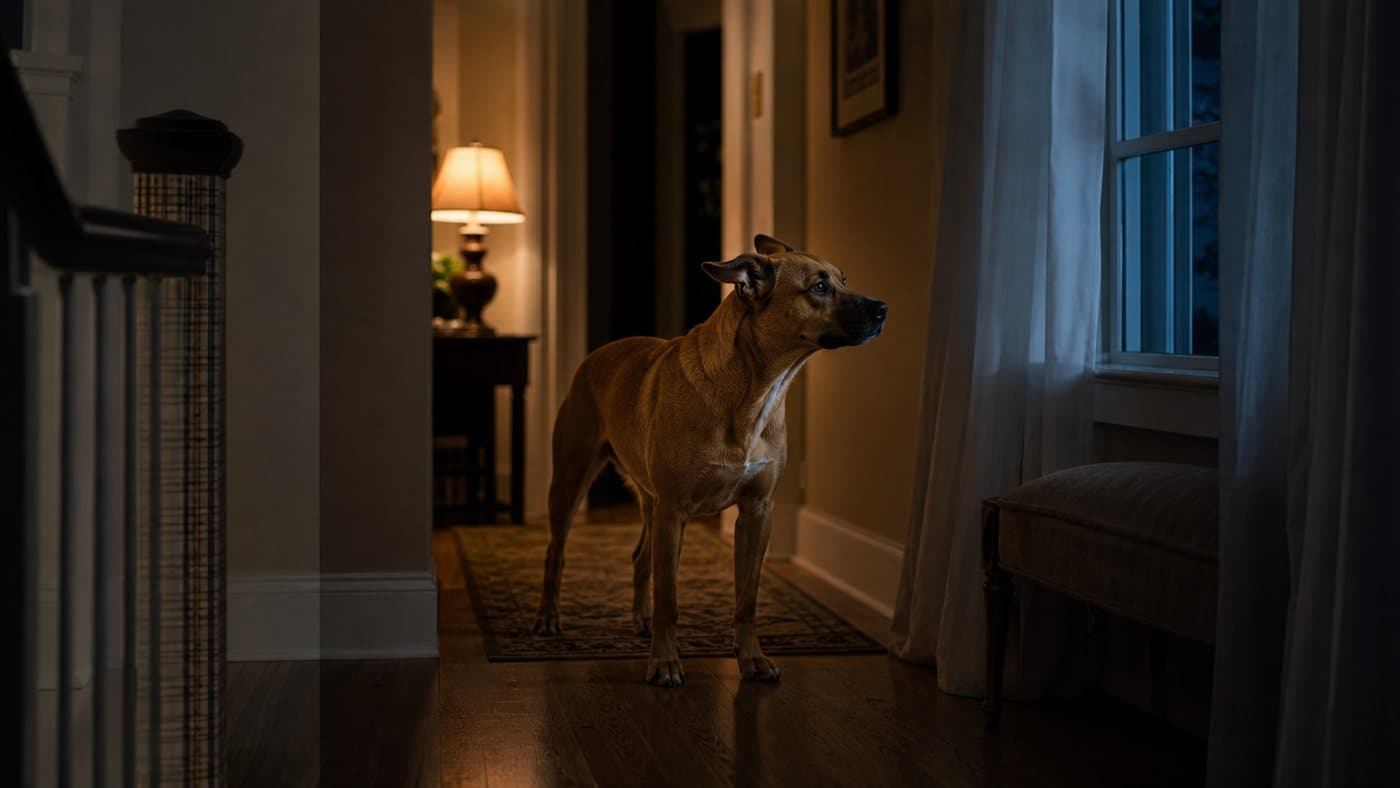 Dog standing alert in a softly lit hallway at night