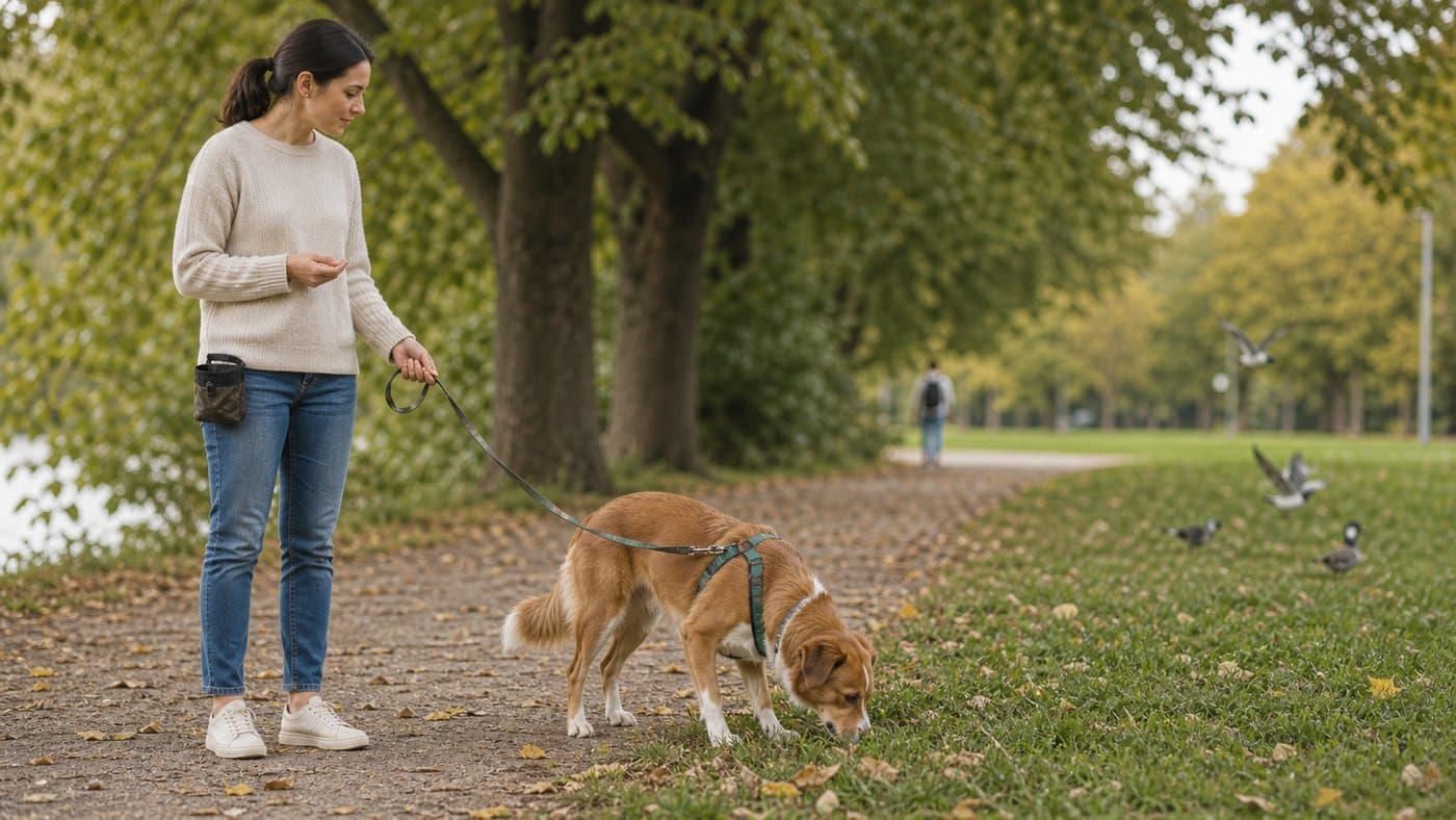 Dog sniffing grass while the owner waits with a loose leash outdoors