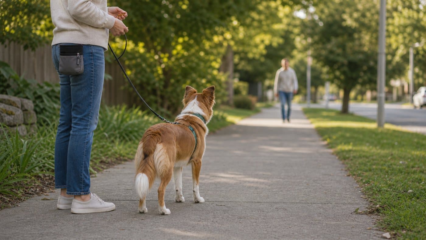Dog on a loose leash watching a pedestrian from a safe distance