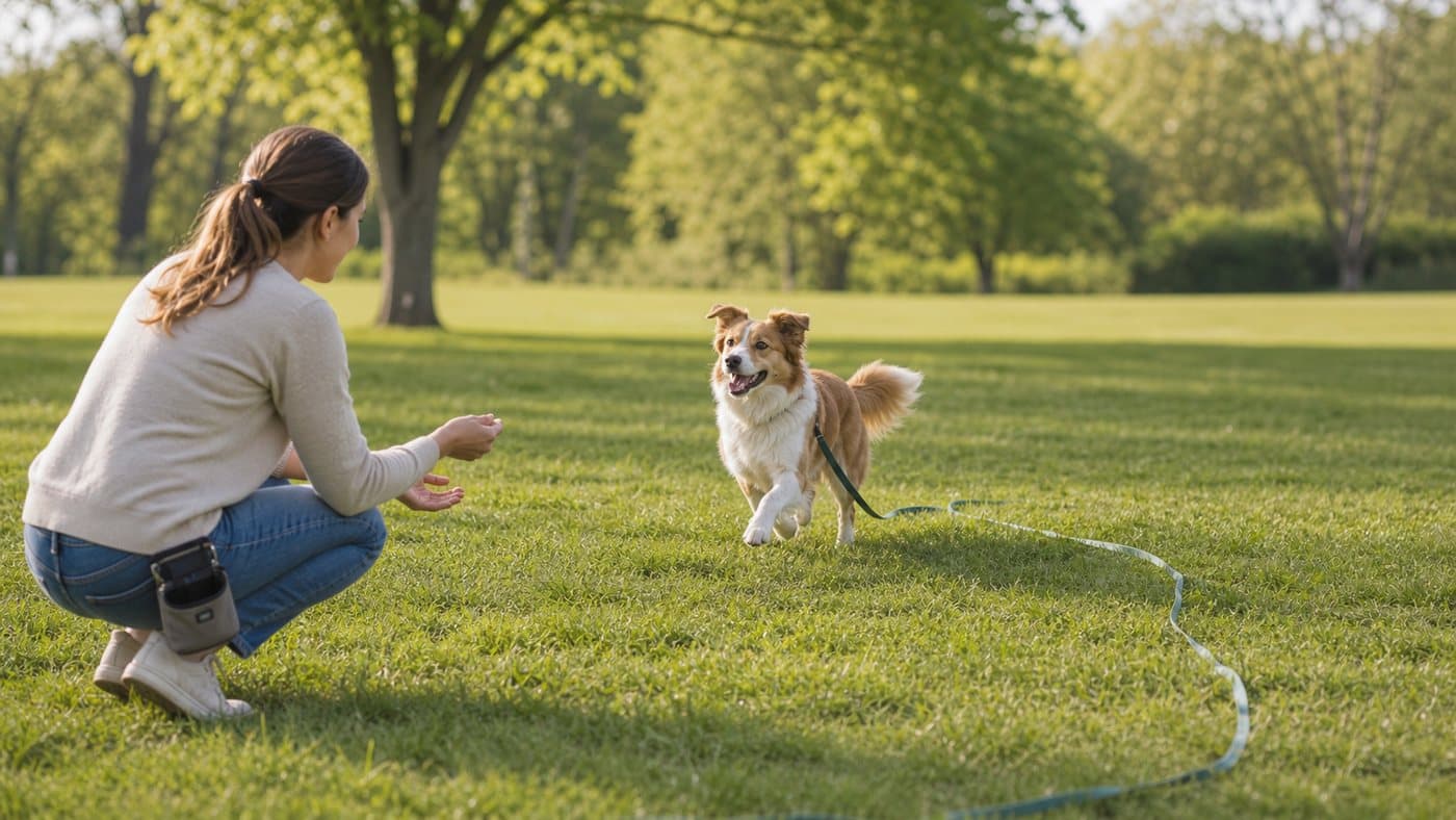 Dog running happily back to an owner on a long training line in a park