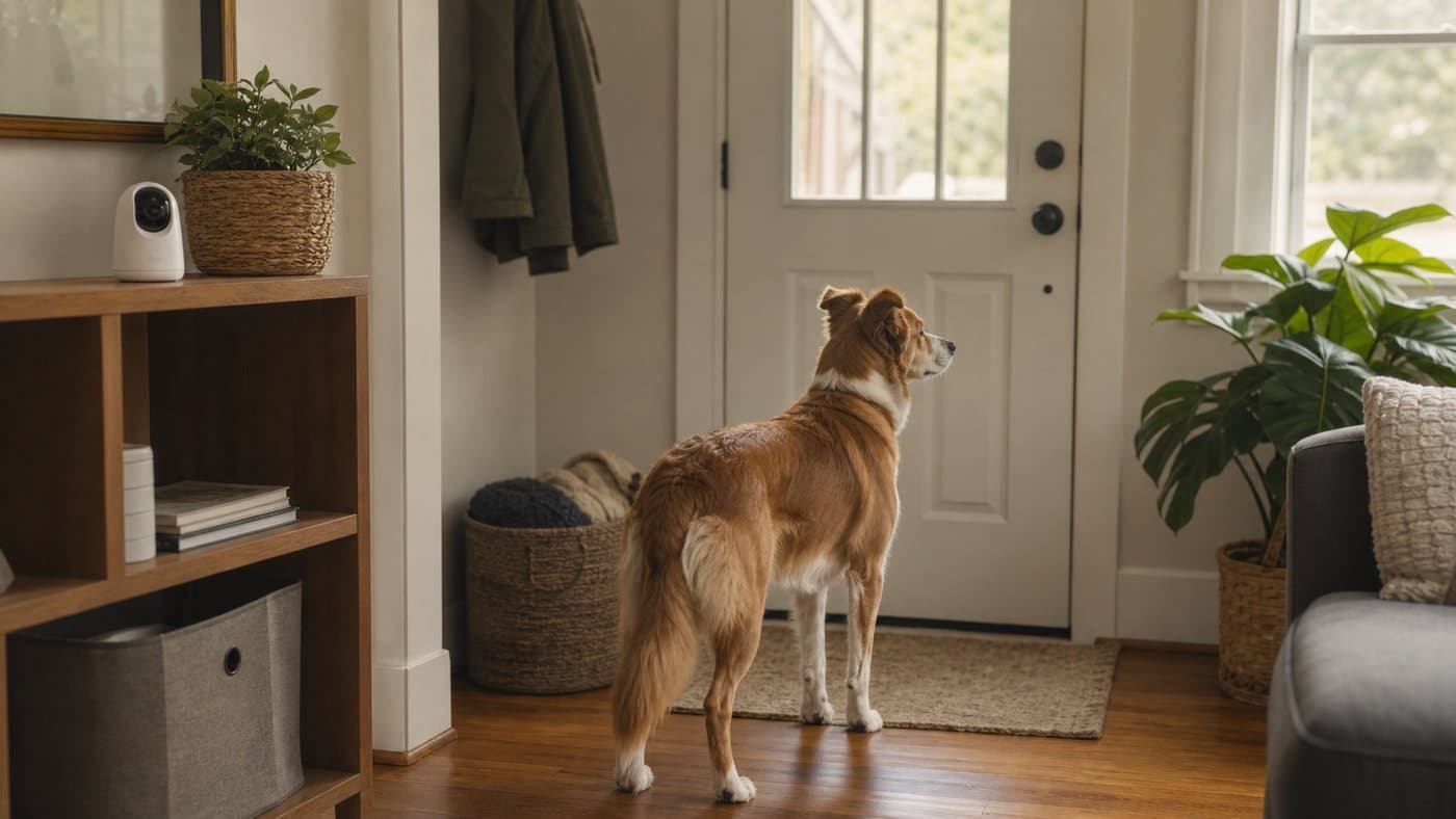 Dog standing near a front door in a quiet home with a pet camera on a shelf