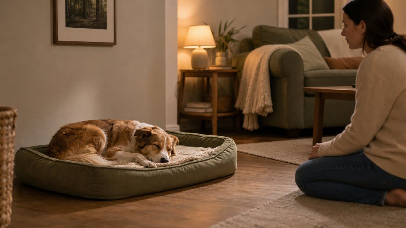 Dog sleeping on a bed while an adult gives space nearby