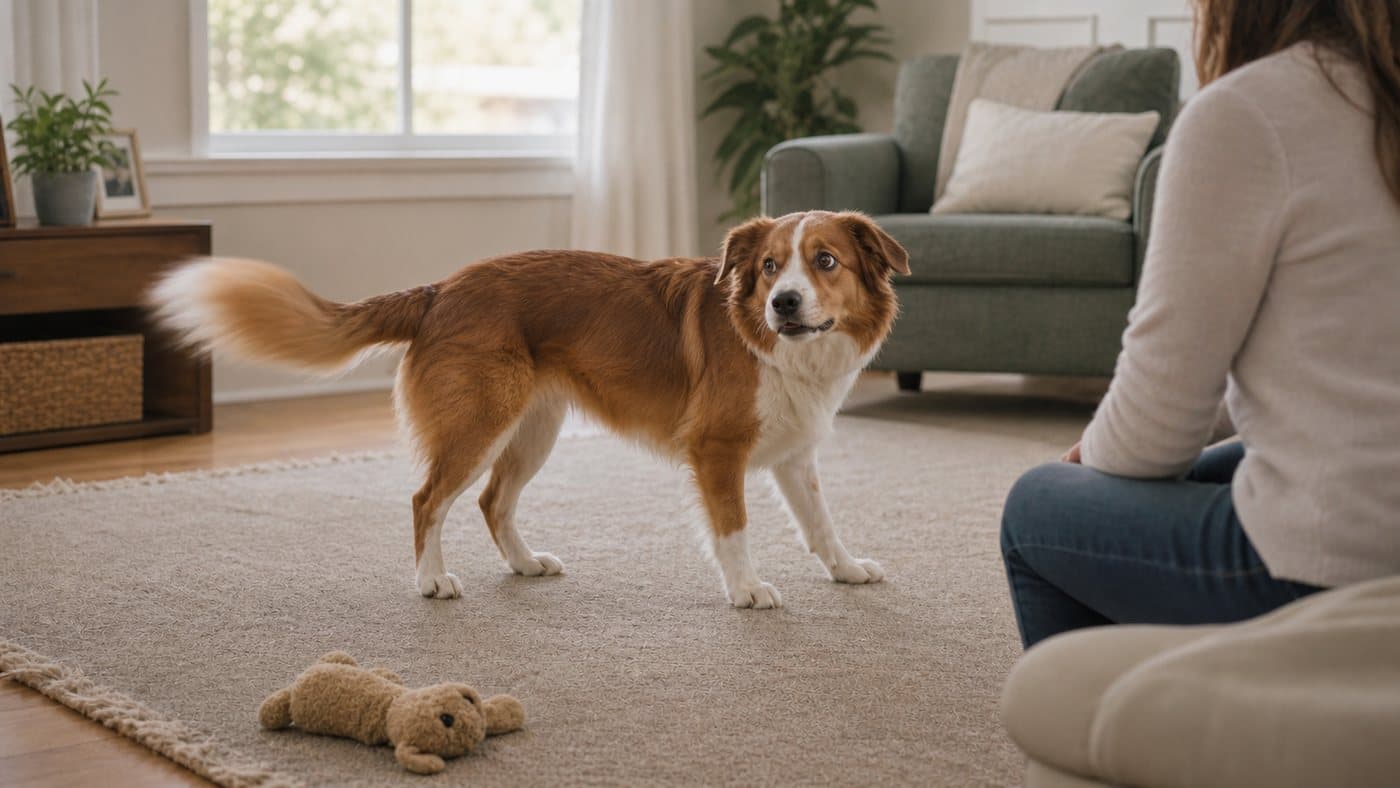 Dog standing with mixed body language near a seated adult and toy