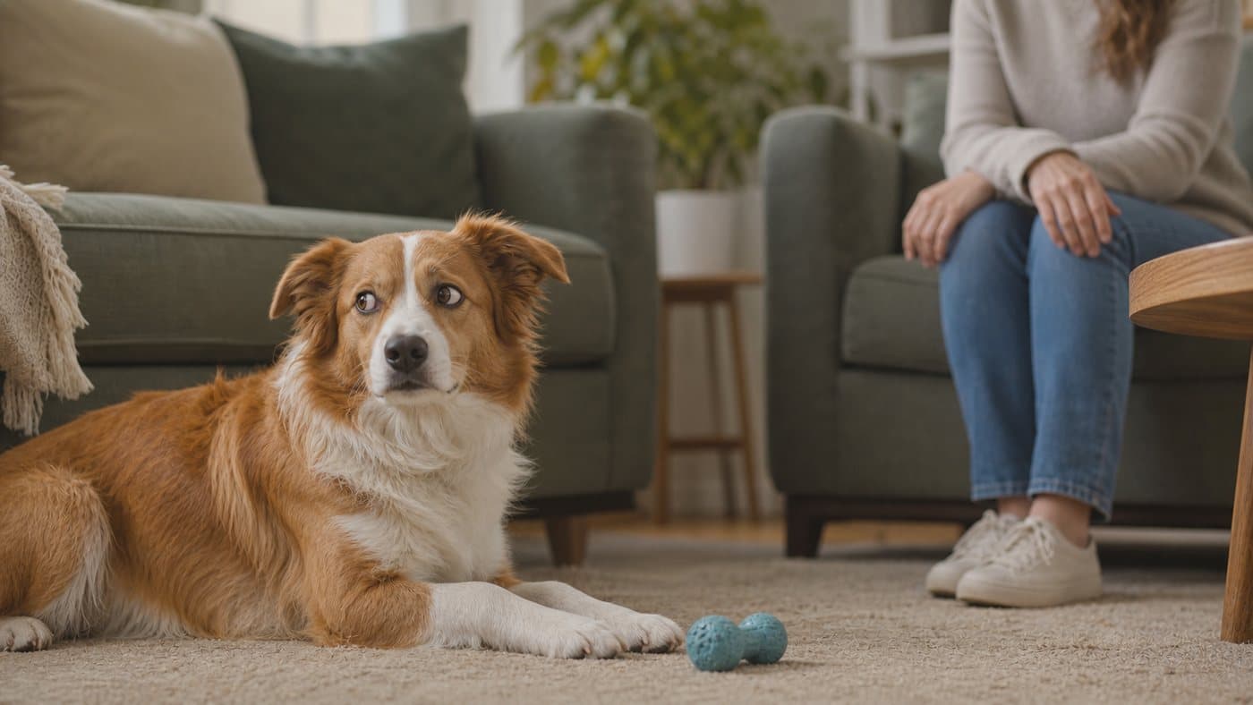 Dog lying near a toy and glancing sideways while a person sits at a distance